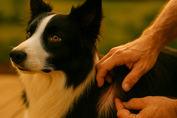 Sam, the border collie gets his skin coat checked for inconsistencies