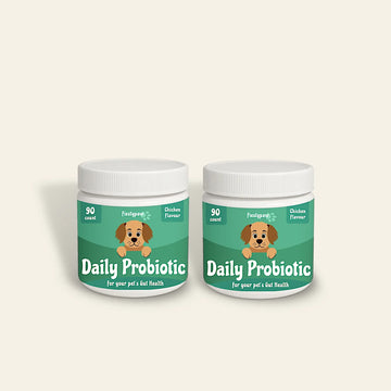Two containers of Daily Probiotic for dogs with chicken flavor, promoting gut health and digestive support.