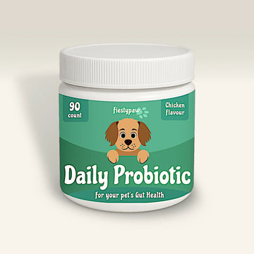 Jar of Daily Probiotic for pets with a cartoon dog on the label.