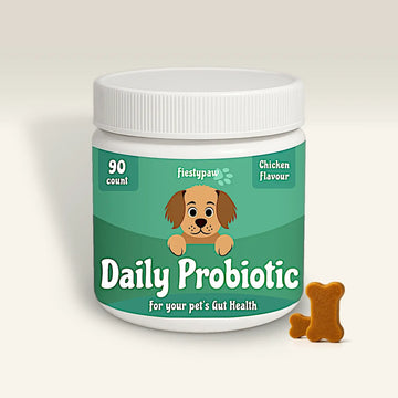 Jar of Daily Probiotic for pets with a cartoon dog and bone on a light gray background