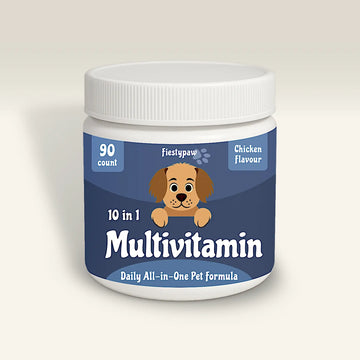 Multivitamin container for pets with a blue label and white lid on a light gray background
