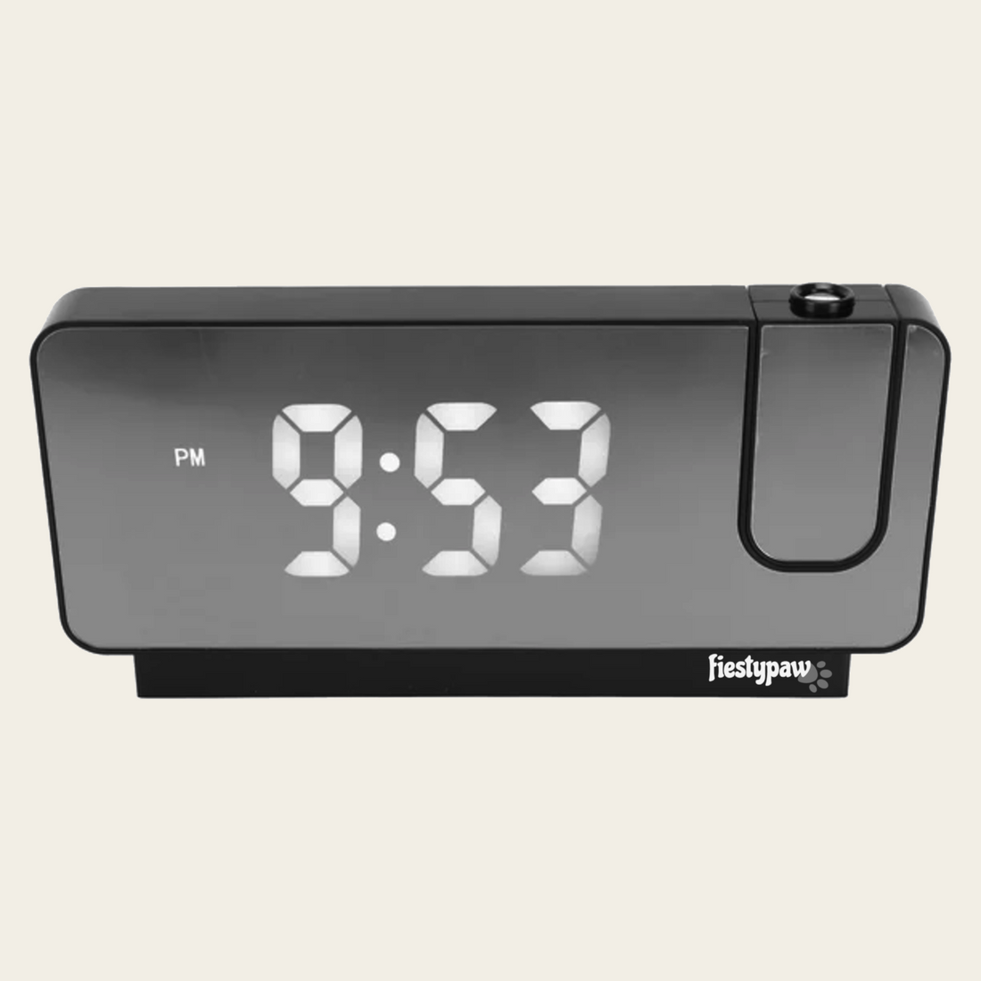 Front of Fiesty Paw Digital Alarm Clock in Black with Ceiling Projector and USB charging cable