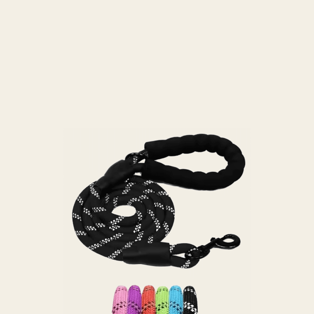 Our Reflective Bungee Dog Leash in various colors with reflective threads and a padded handle