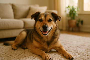 Tabby, the 6 year old mixed breed dog reacts to seeing a container of her daily probiotic that helps with digestion and an upset tummy