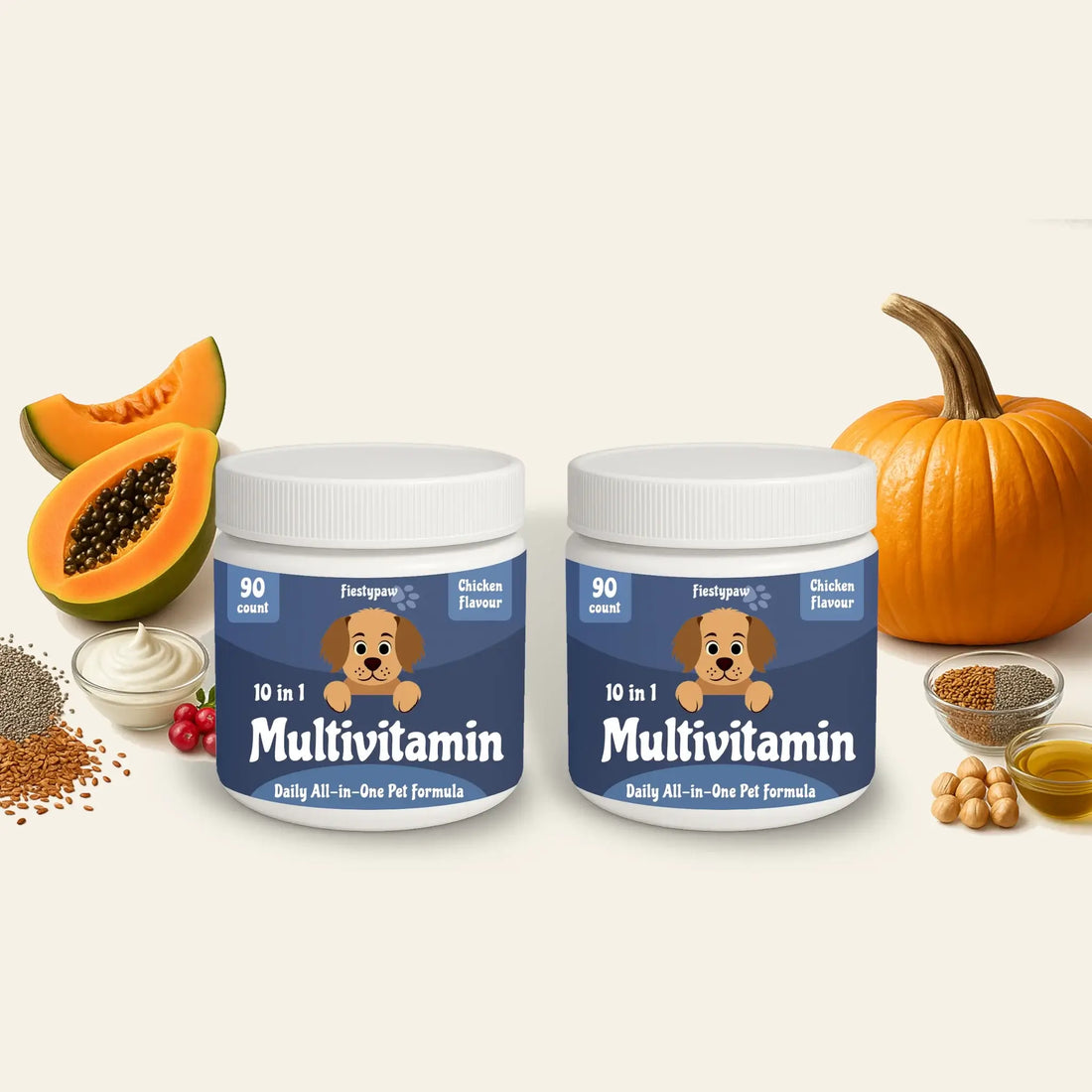 Two jars of 'Multivitamin' for pets on a beige background