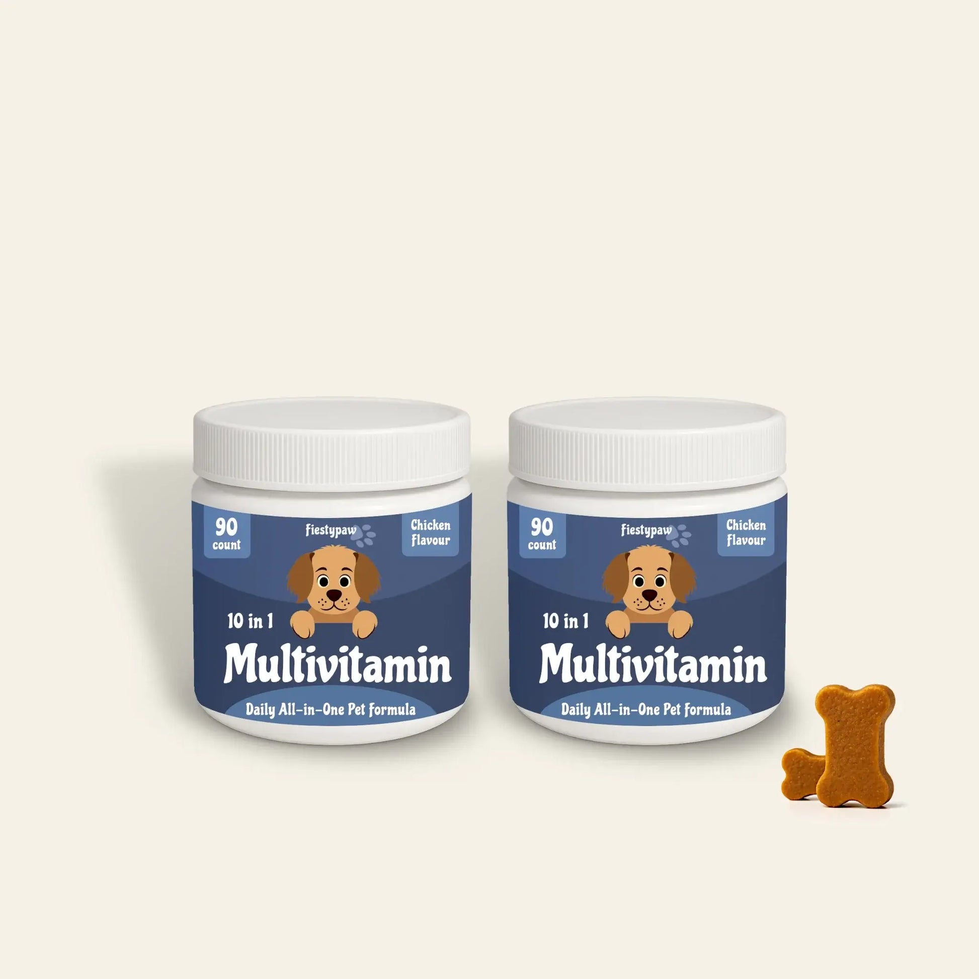 Two jars of '10 in 1 Multivitamin' for pets on a beige background with a small dog-shaped treat.