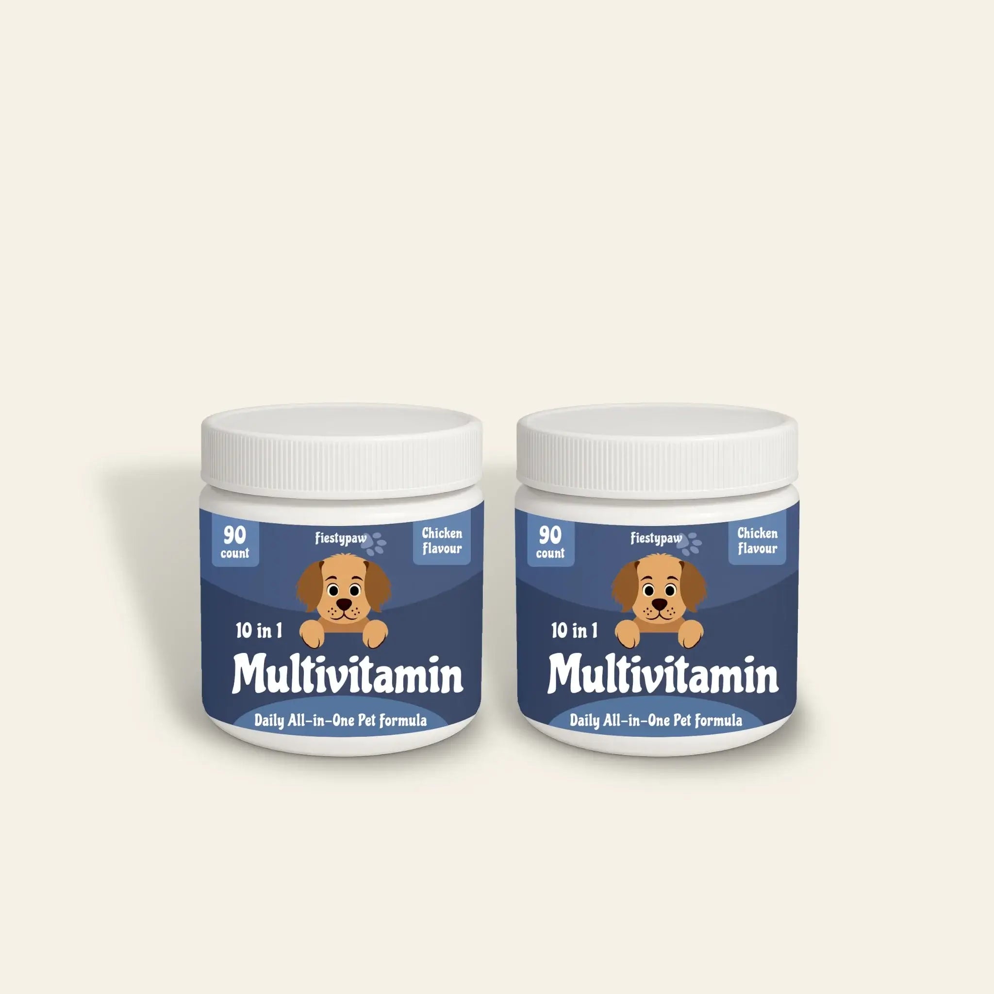 Two jars of 'Multivitamin' for pets on a beige background