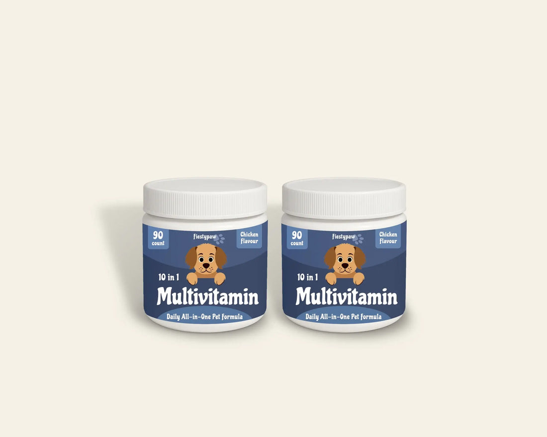 Two jars of 'Multivitamin' for pets on a beige background