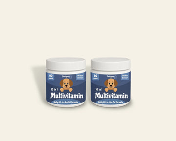 Two jars of 'Multivitamin' for pets on a beige background