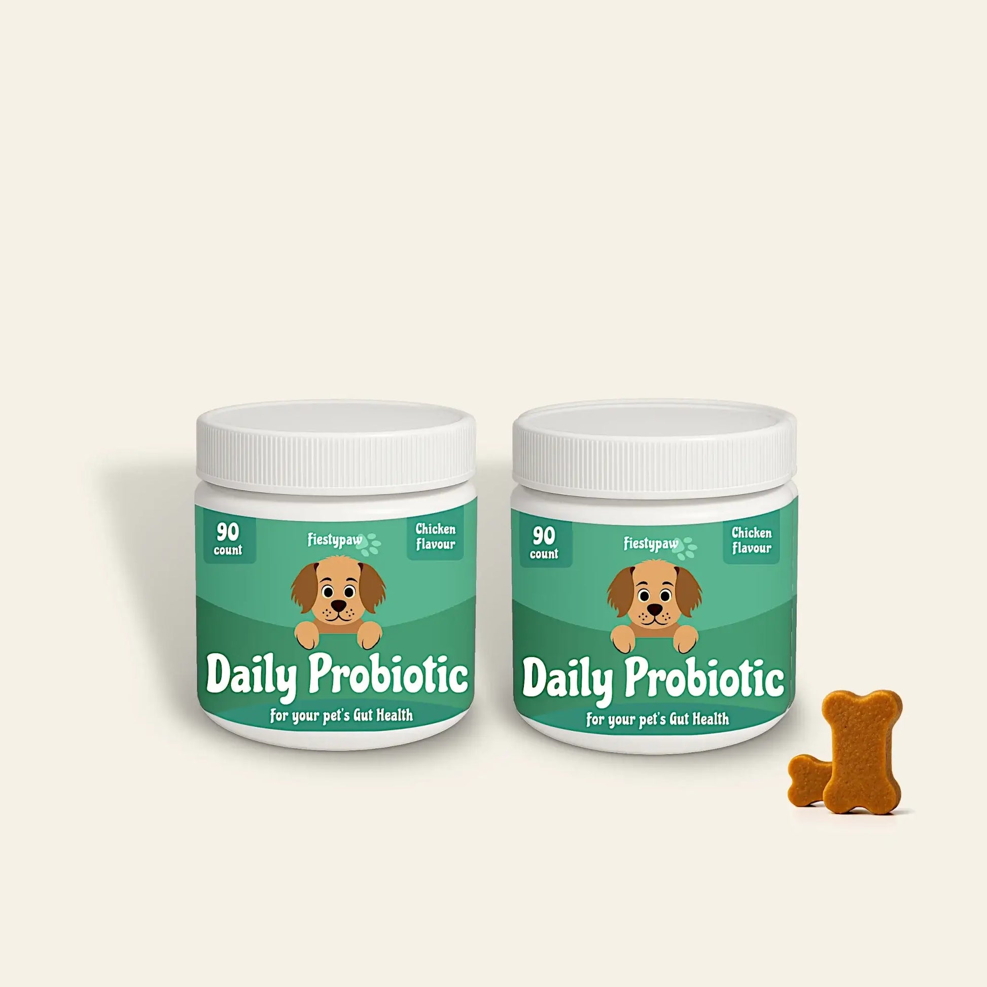 Two jars of Daily Probiotic for dogs, with chicken flavor chews, promoting gut health and digestion.