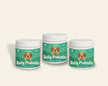 Three containers of Daily Probiotic for dogs, chicken flavor, supporting gut health and digestion.