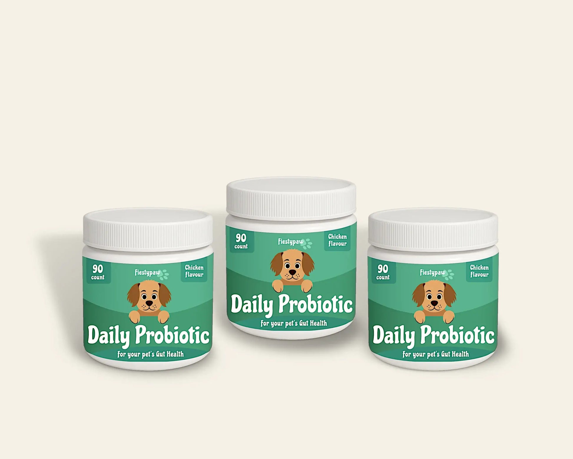 Three containers of Daily Probiotic for dogs, chicken flavor, supporting gut health and digestion.