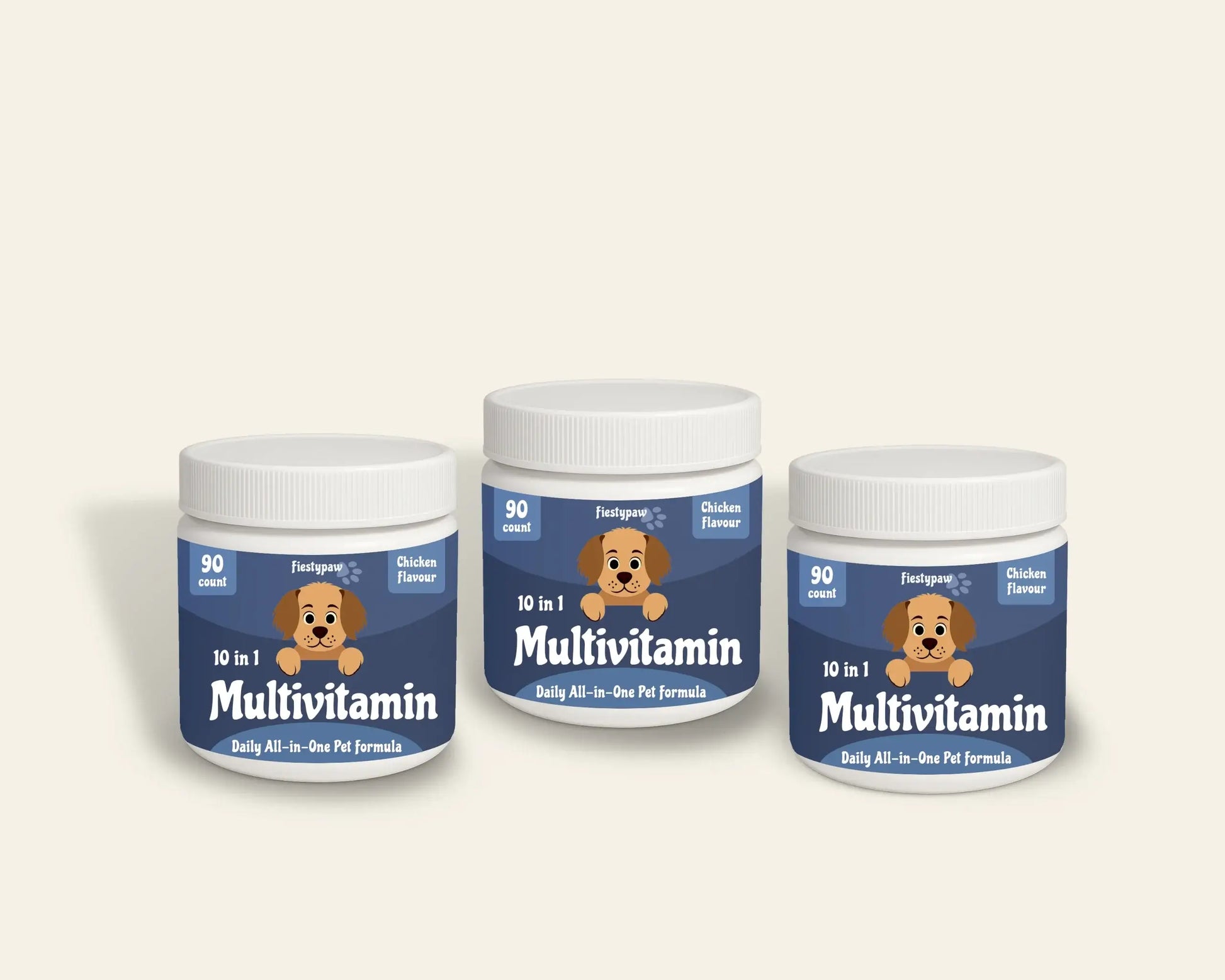 Three containers of '10 in 1 Multivitamin' for dogs on a white background