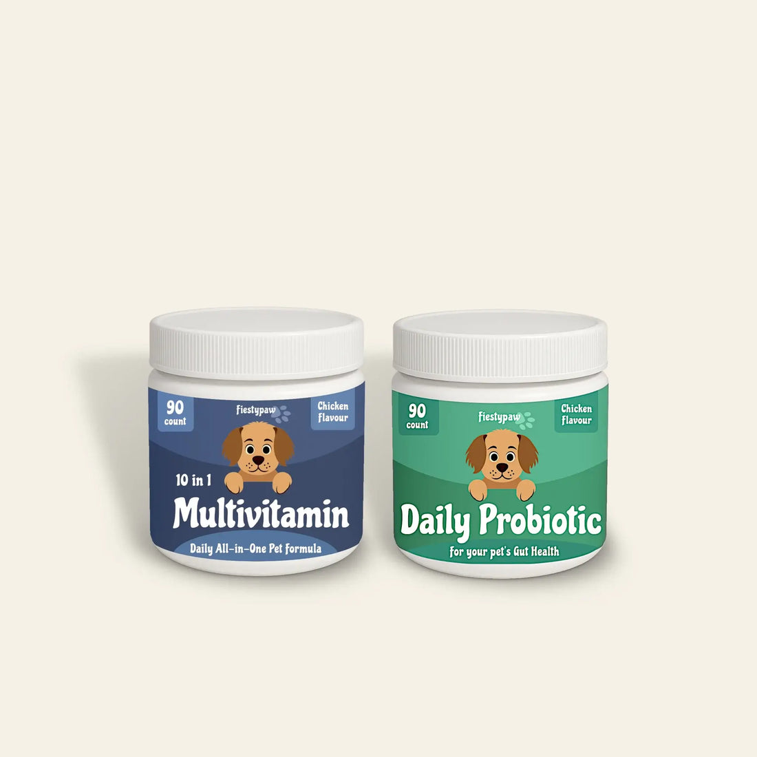 Two pet supplement jars, one multivitamin and one daily probiotic, on a beige background.