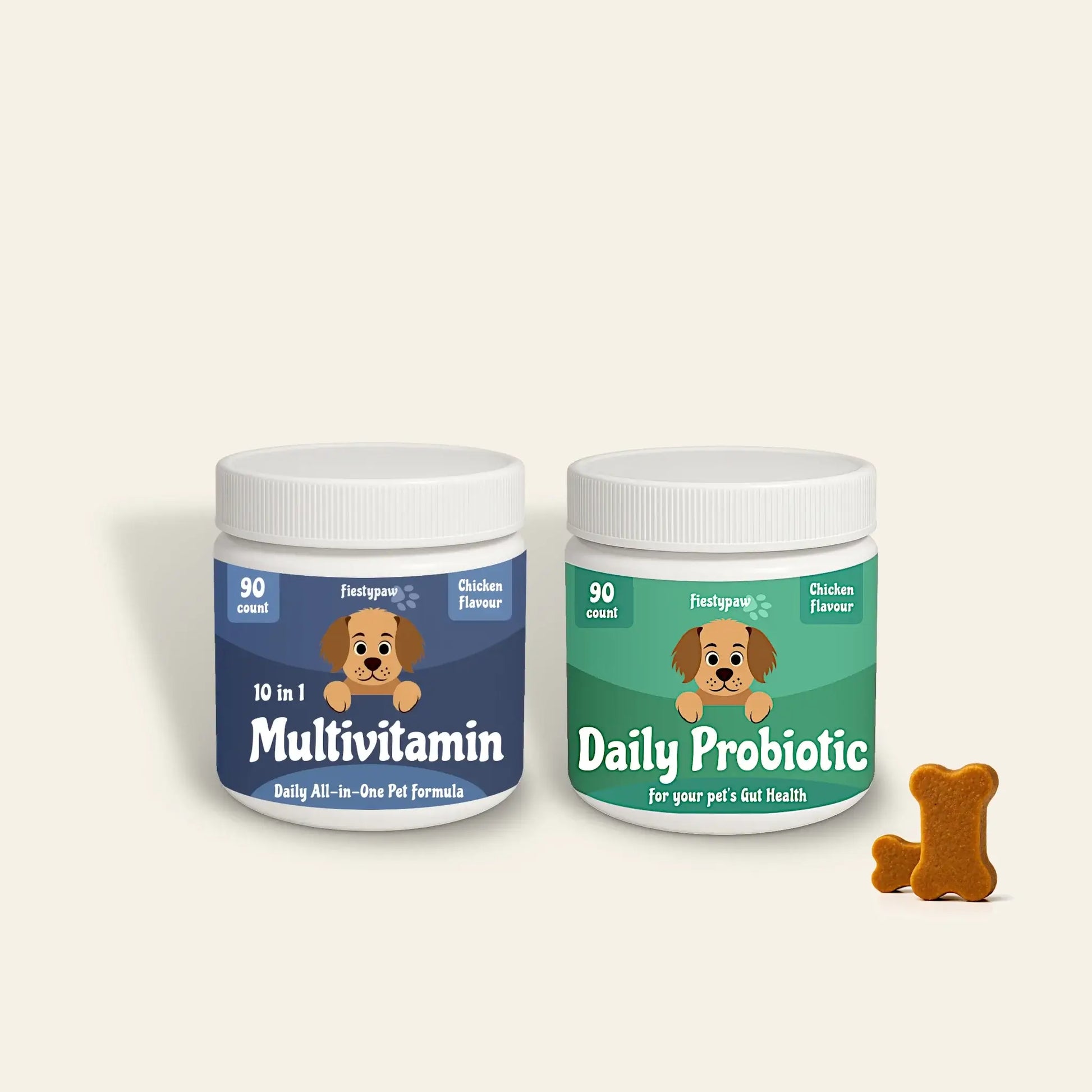 Two pet supplement jars labeled 'Multivitamin' and 'Daily Probiotic' on a beige background.