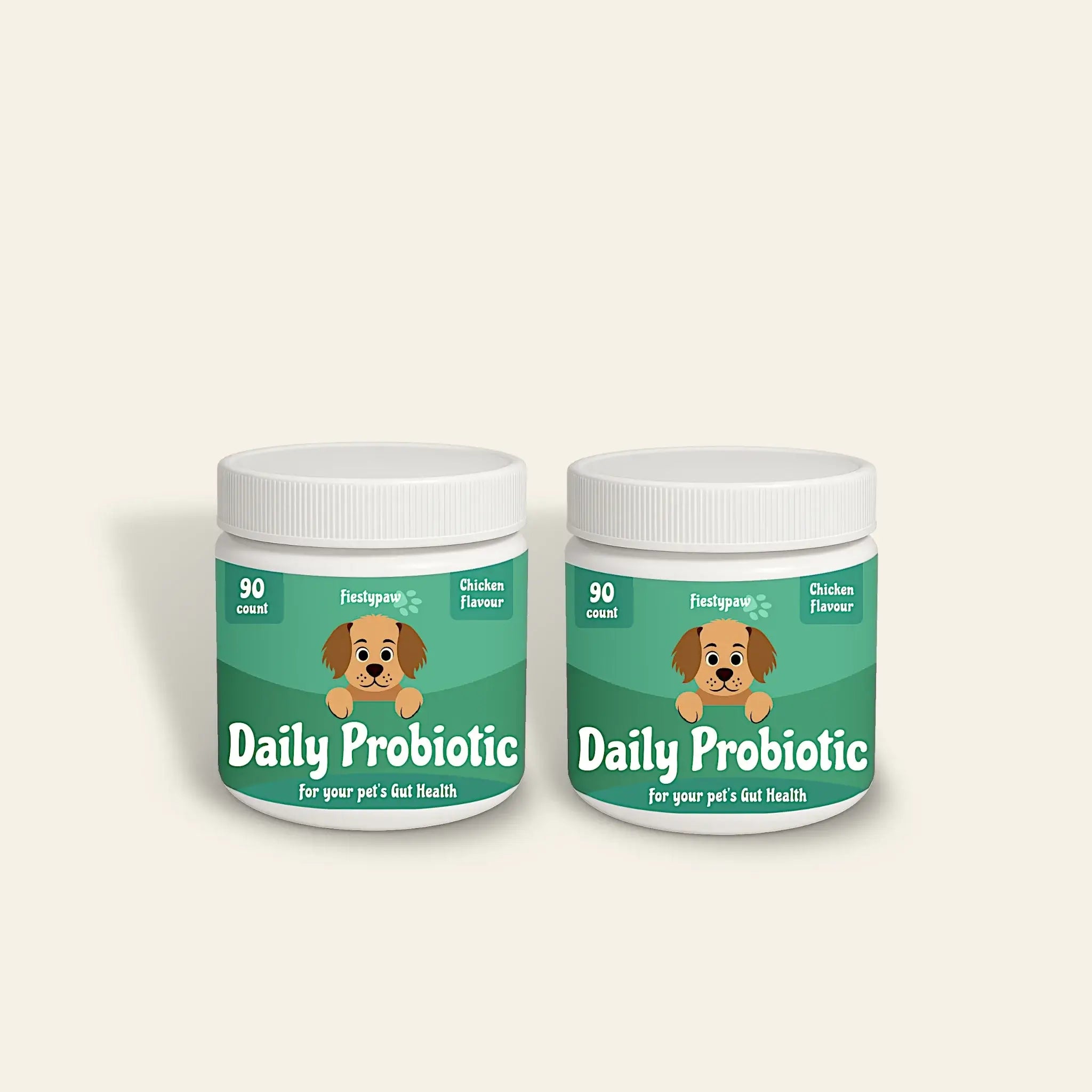 Two containers of Daily Probiotic for dogs with chicken flavor, promoting gut health and digestive support.
