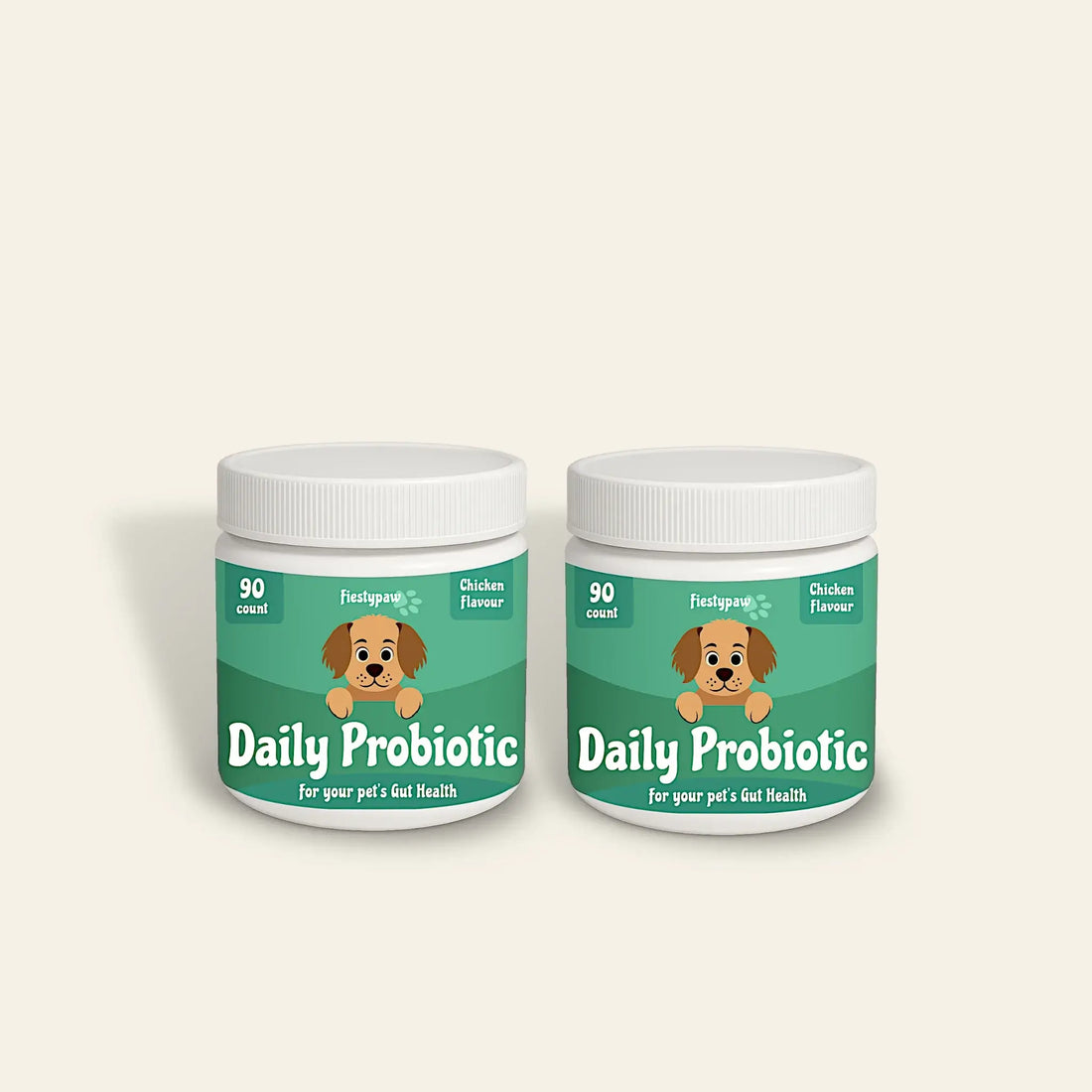 Two containers of Daily Probiotic for dogs with chicken flavor, promoting gut health and digestive support.