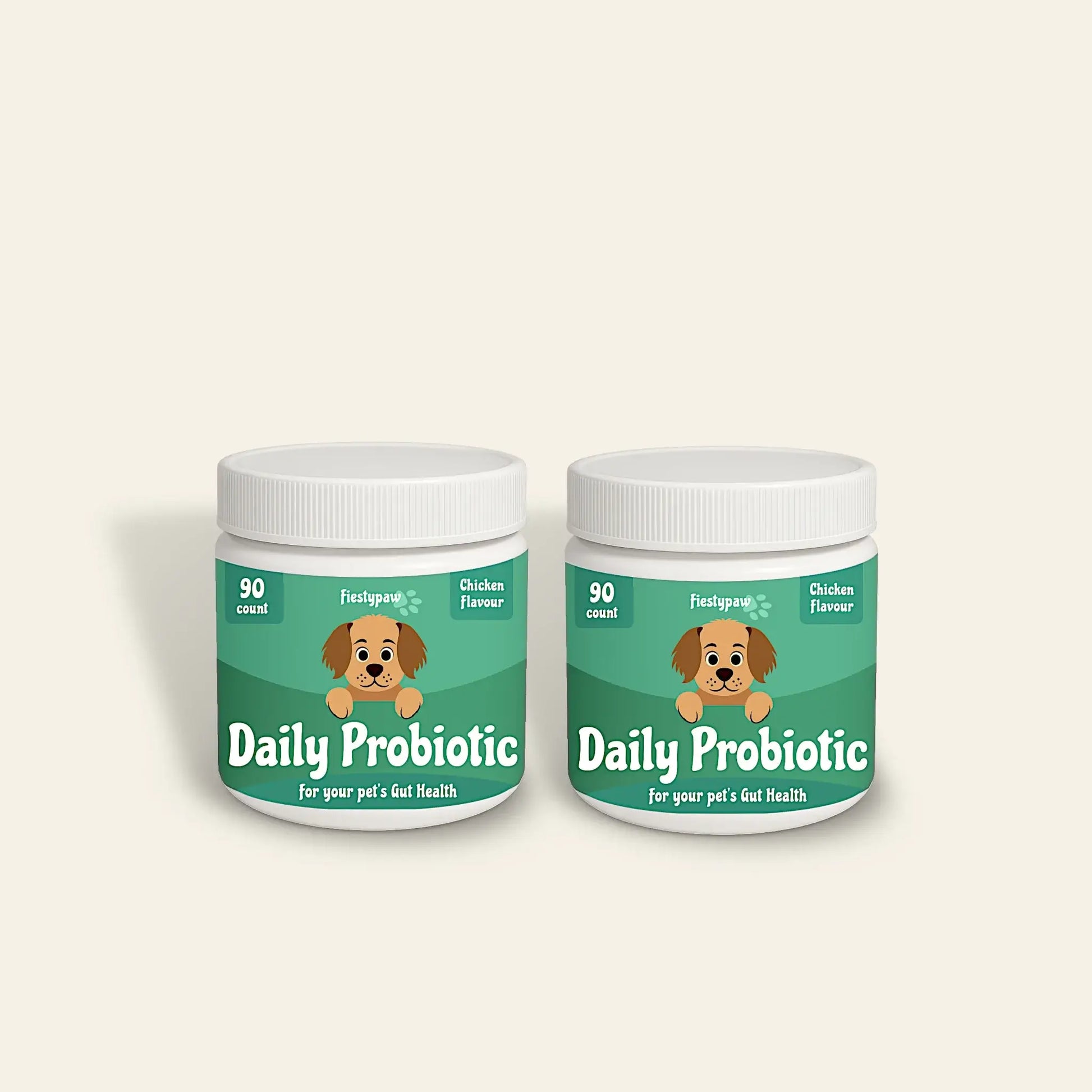 Two containers of Daily Probiotic for dogs with chicken flavor, promoting gut health and digestive support.