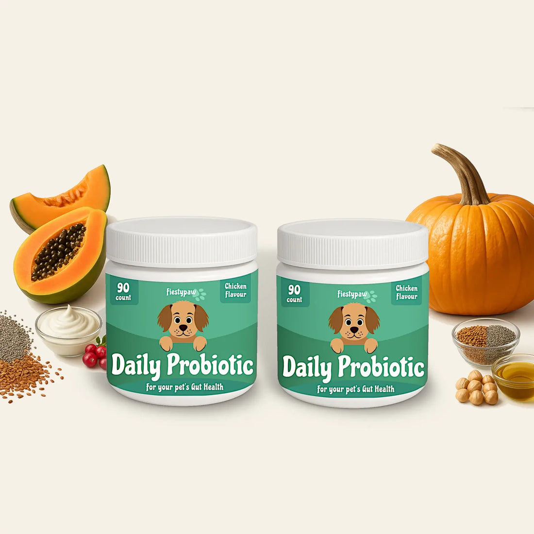 Two containers of Daily Probiotic for dogs with chicken flavor, promoting gut health and digestive support.