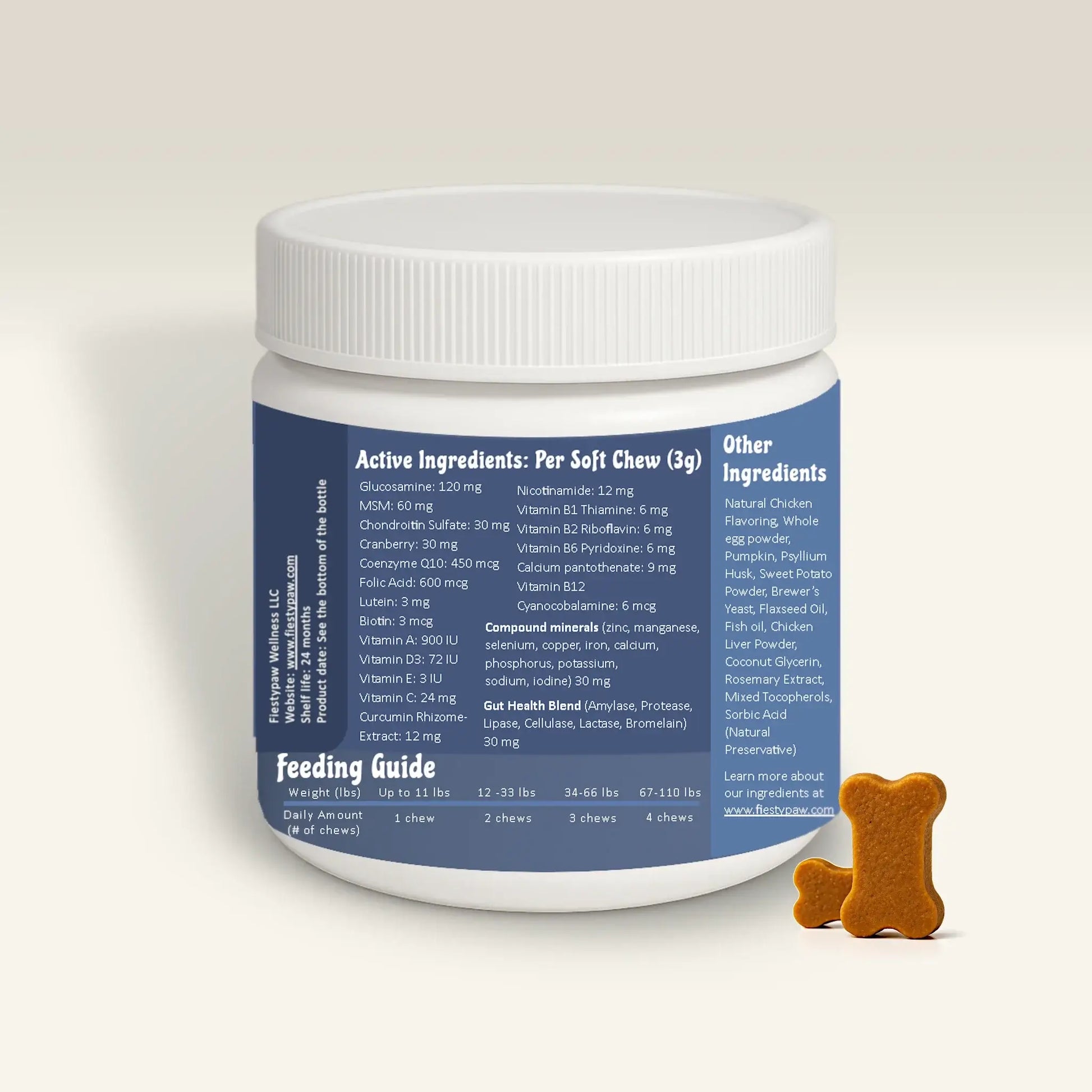The front left side of the 10 in 1 Multivitamin by Fiestpaw showing the Feeding Guide, the Active and Other Ingredients.