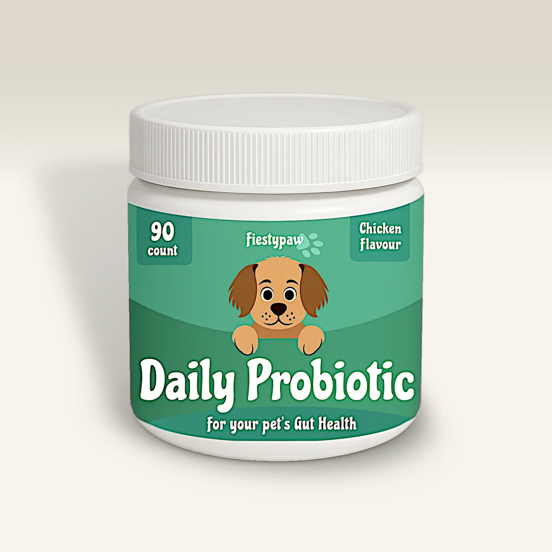 Jar of Daily Probiotic for pets with a cartoon dog and bone on a light gray background