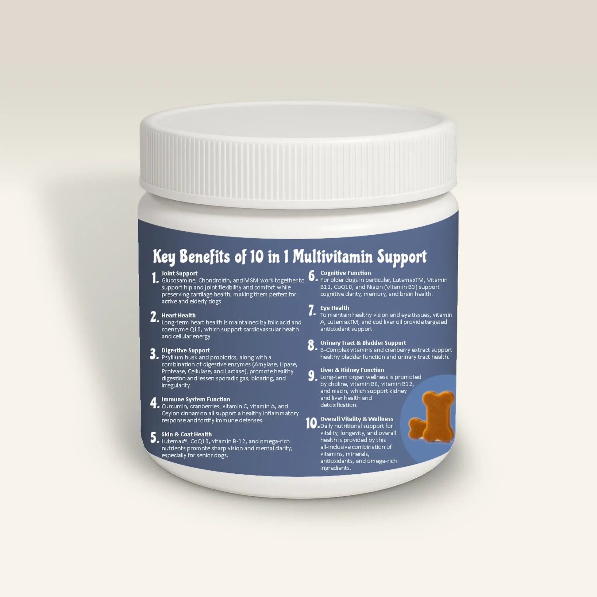 Multivitamin support container with a list of key benefits on a white background