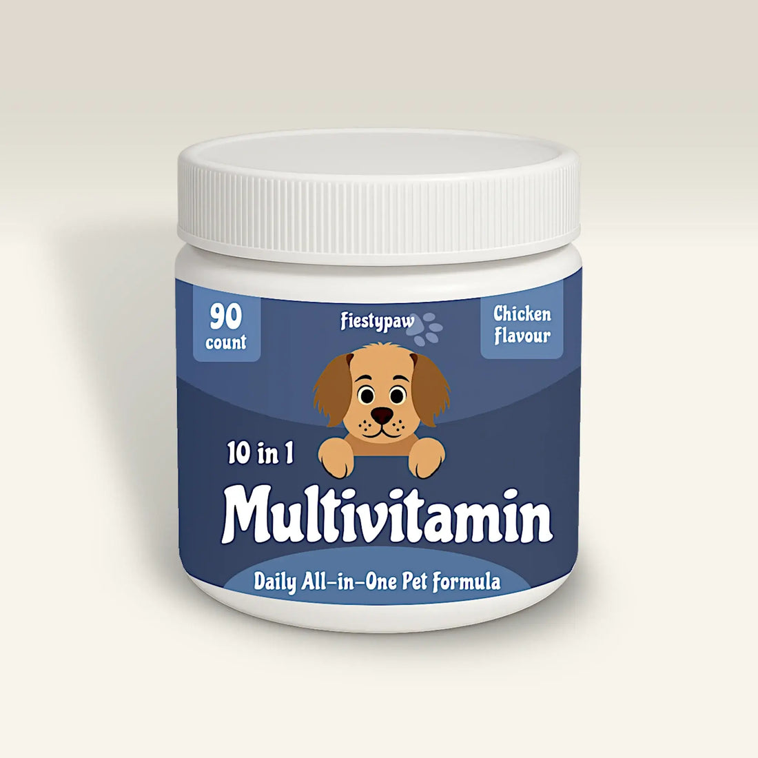 Multivitamin container for pets with a dog illustration on a beige background