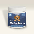 Multivitamin container for pets with a blue label and white lid on a light gray background