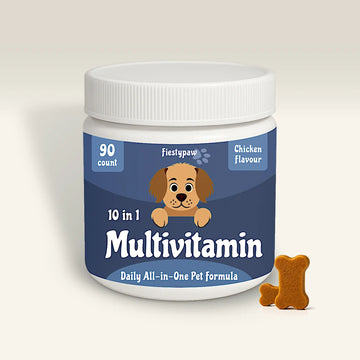 Multivitamin container for pets with a dog illustration on a beige background