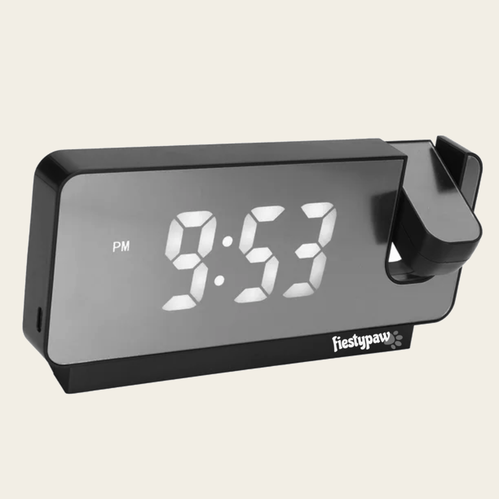 Front of Fiesty Paw Digital Alarm Clock in Black with Ceiling Projector