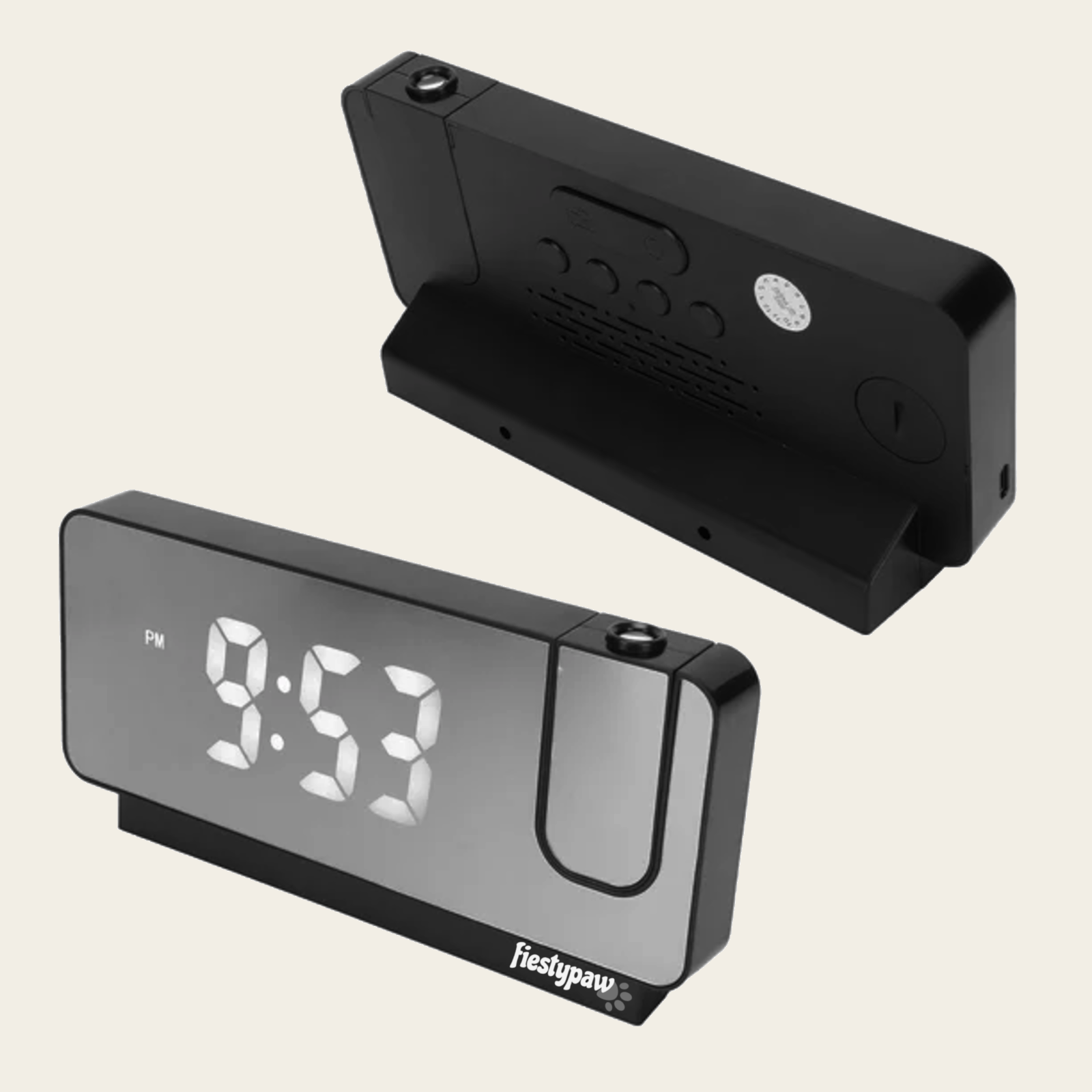 Front and Back of Fiesty Paw Digital Alarm Clock in Black with Ceiling Projector