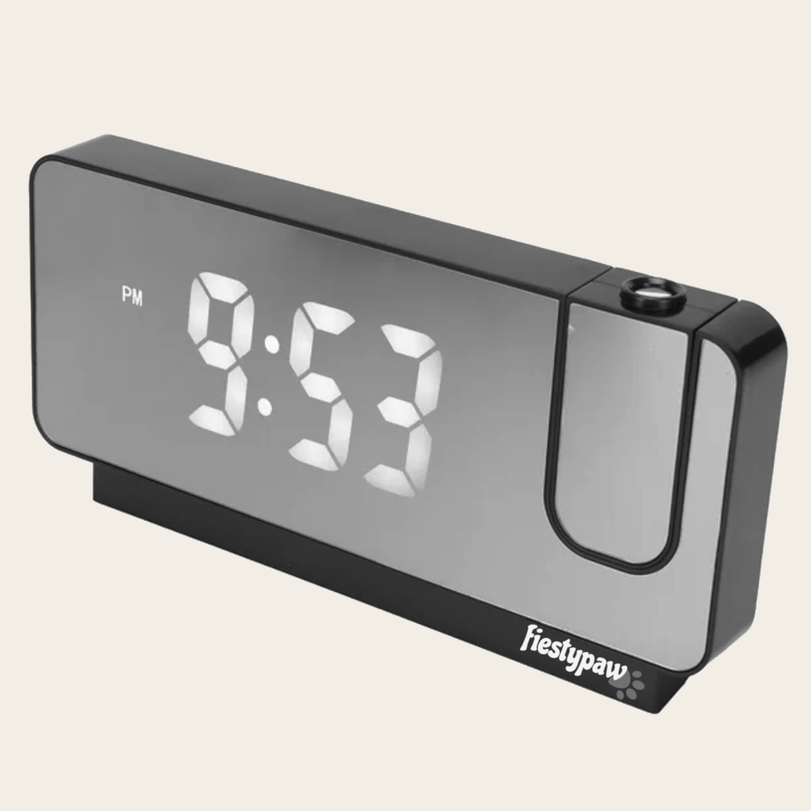 Front of Fiesty Paw Digital Alarm Clock in Black with Ceiling Projector