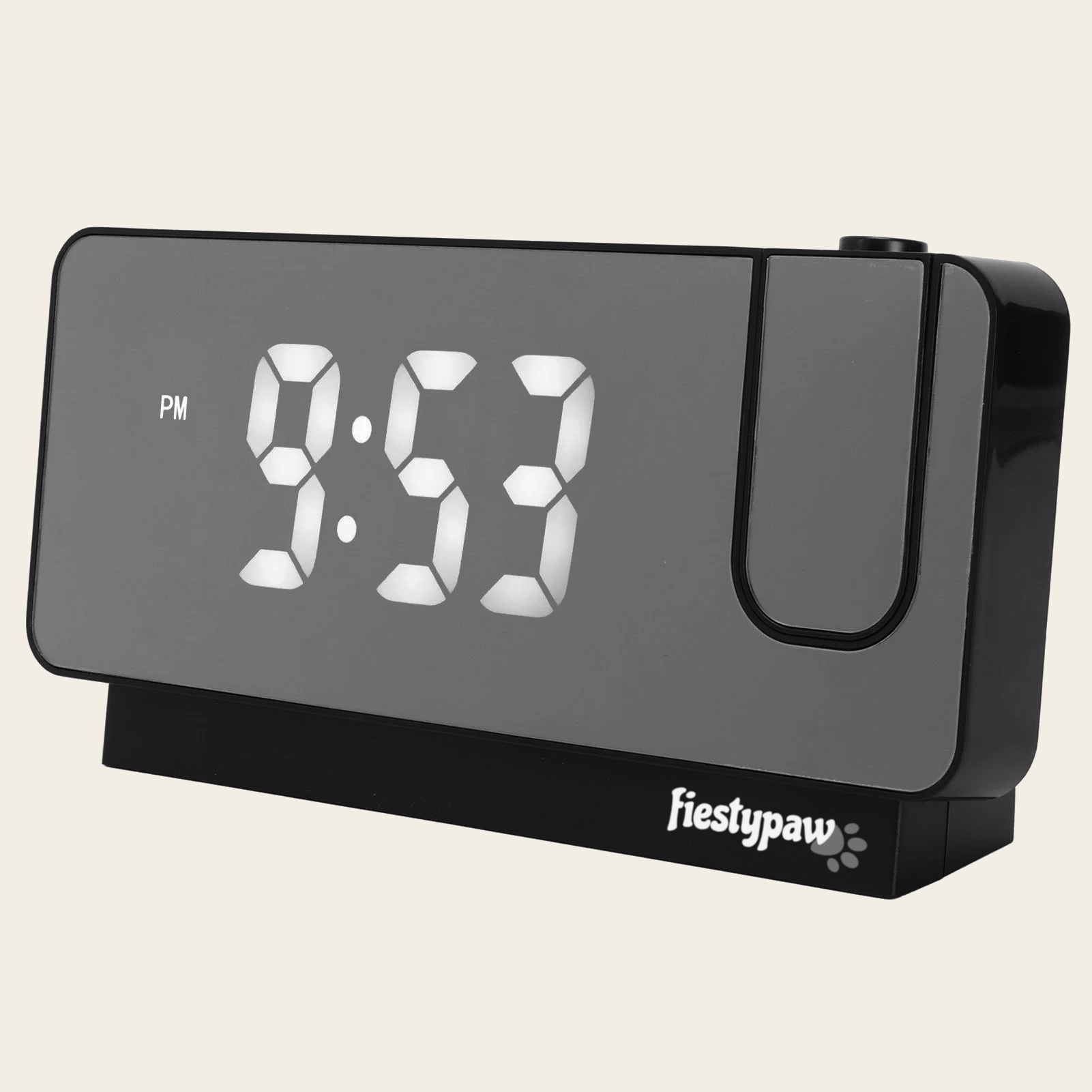 Front of Fiesty Paw Digital Alarm Clock in Black with Ceiling Projector