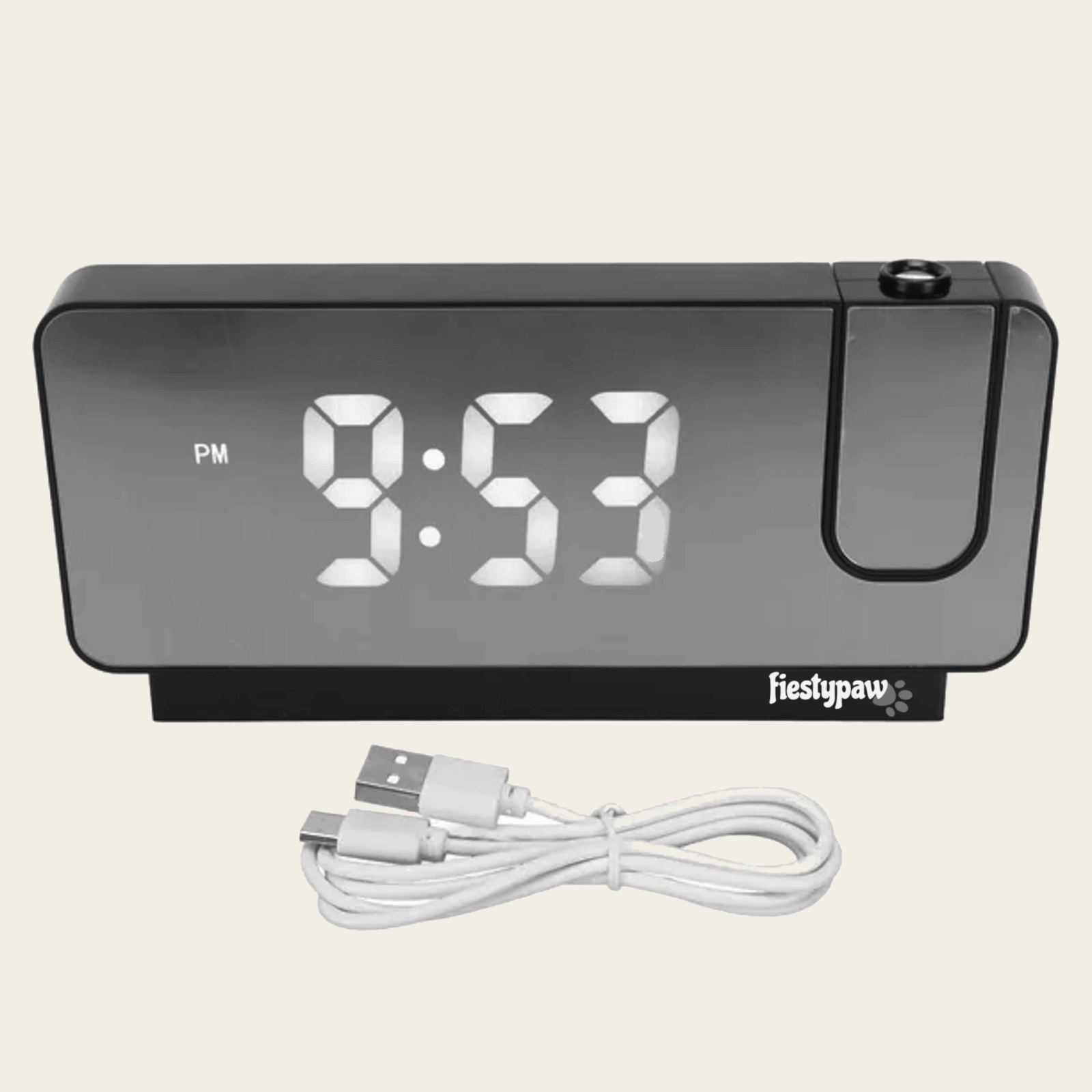 Front of Fiesty Paw Digital Alarm Clock in Black with Ceiling Projector and USB charging cable