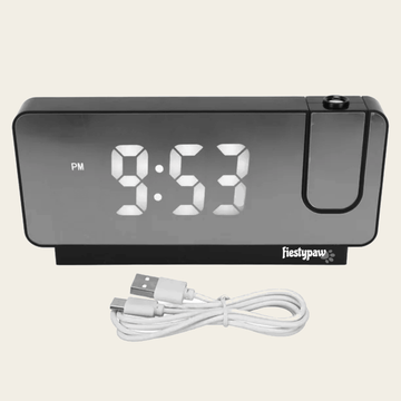 Front of Fiesty Paw Digital Alarm Clock in Black with Ceiling Projector and USB charging cable