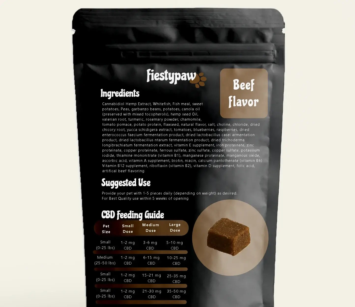 Ingredients of Fiesty Paw CBD 30-count Beef Chews pouch for dogs, highlighting CBD oil benefits for canine wellness.