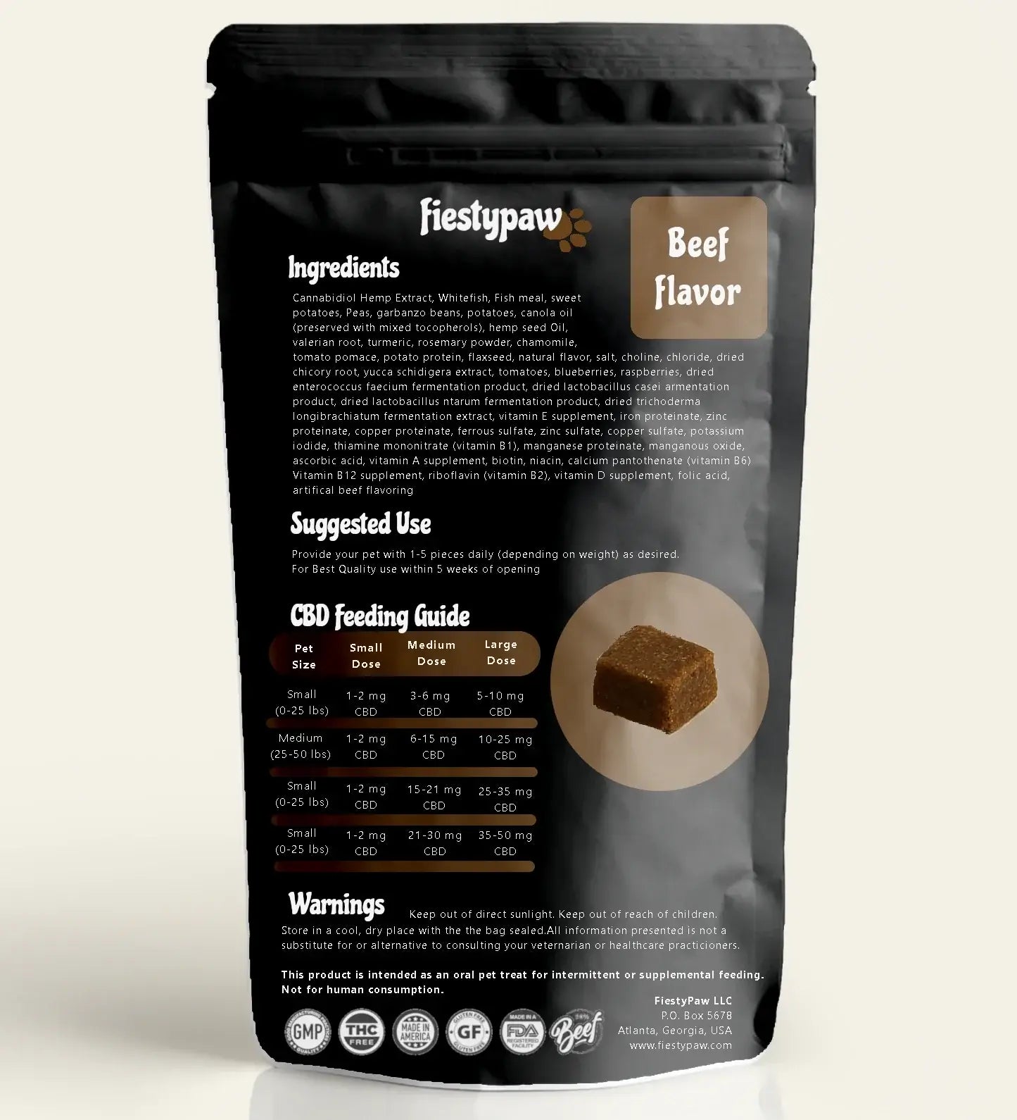 Back of Fiesty Paw CBD 30-count Beef Chews pouch for dogs, highlighting CBD oil benefits for canine wellness.