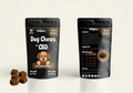 Treats on the left, back and front of the Fiesty Paw CBD 30-count Beef Chews pouch for dogs, highlighting CBD oil benefits for canine wellness
