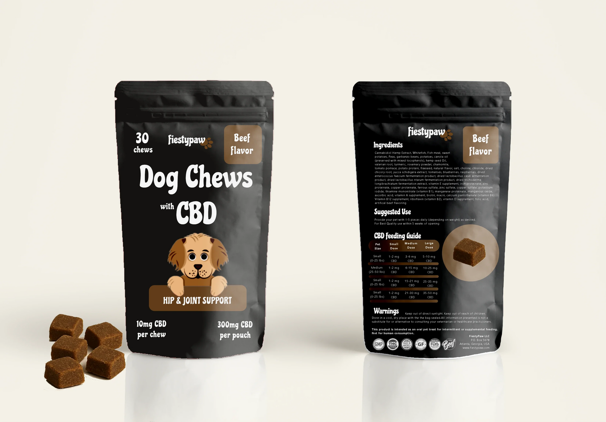 Treats on the left, back and front of the Fiesty Paw CBD 30-count Beef Chews pouch for dogs, highlighting CBD oil benefits for canine wellness