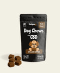 Treats and the packaging of the Fiesty Paw CBD 30-count Beef Chews pouch for dogs, highlighting CBD oil benefits for canine wellness
