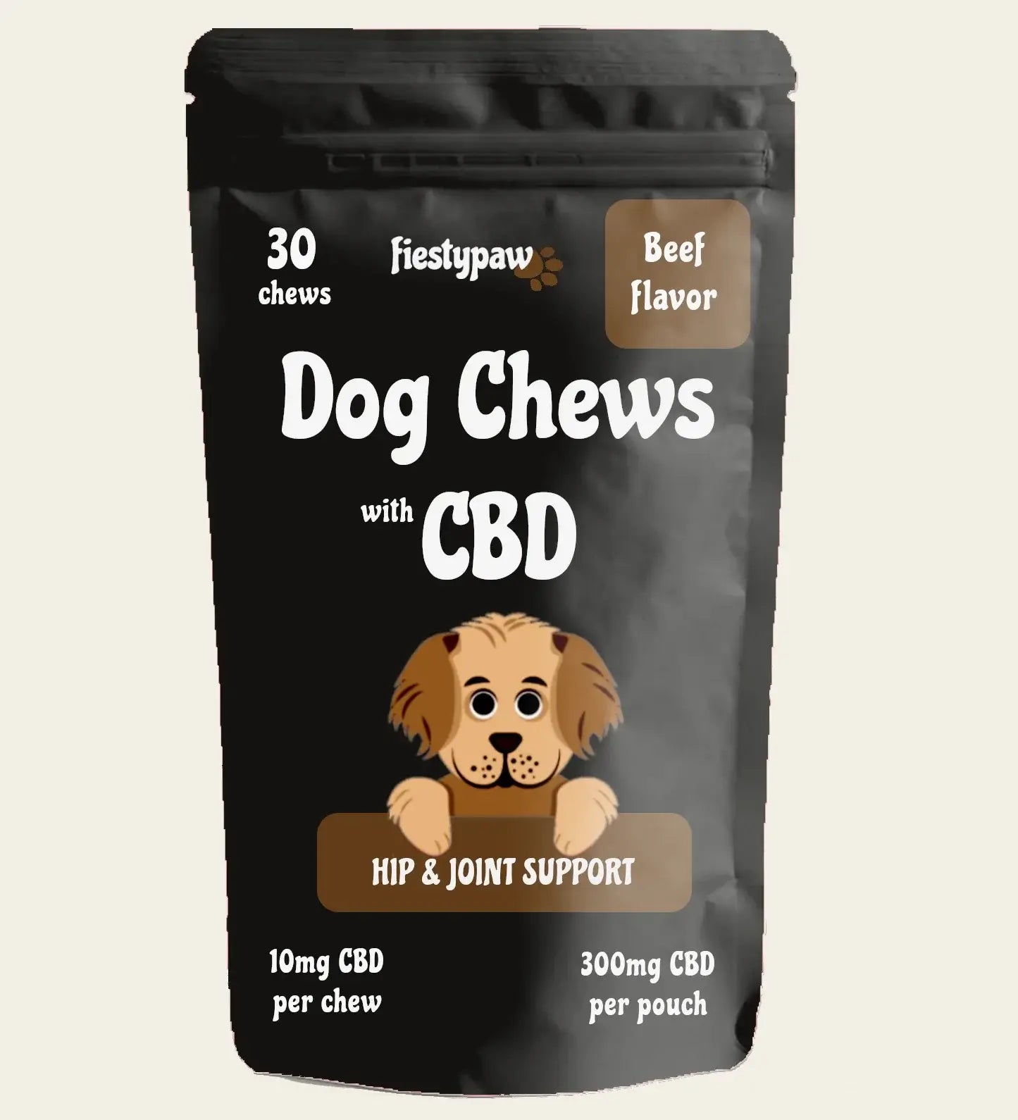 Front of Fiesty Paw CBD 30-count Beef Chews pouch for dogs, highlighting CBD oil benefits for canine wellness.