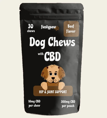 Front of Fiesty Paw CBD 30-count Beef Chews pouch for dogs, highlighting CBD oil benefits for canine wellness.