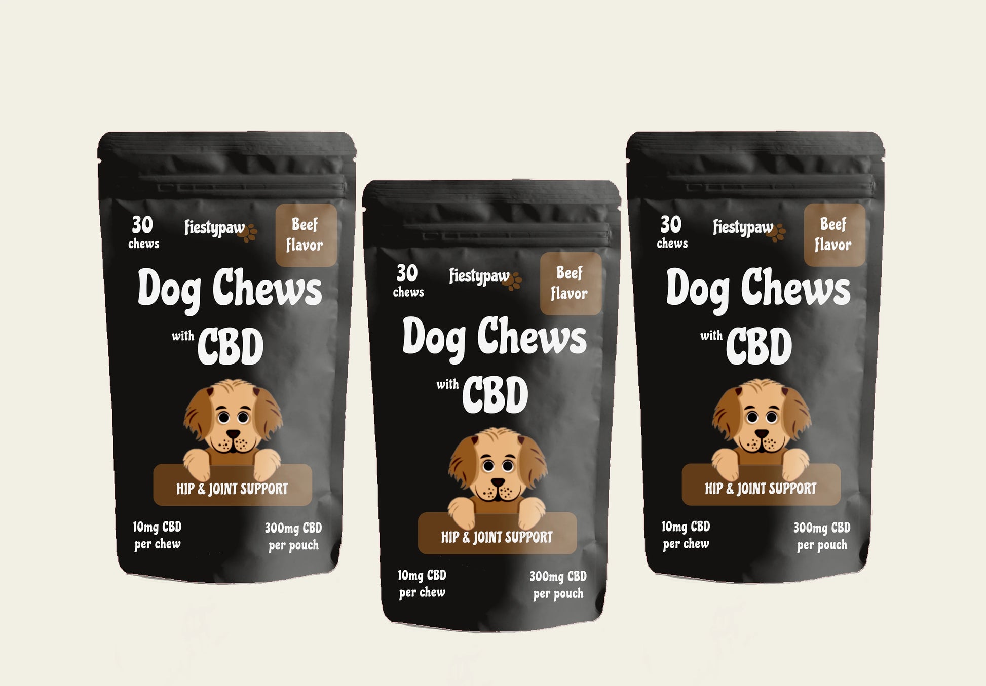 Three 30-count Fiesty Paw CBD Beef Chews pouches for dogs (90 total), showcasing CBD oil benefits for canine wellness.