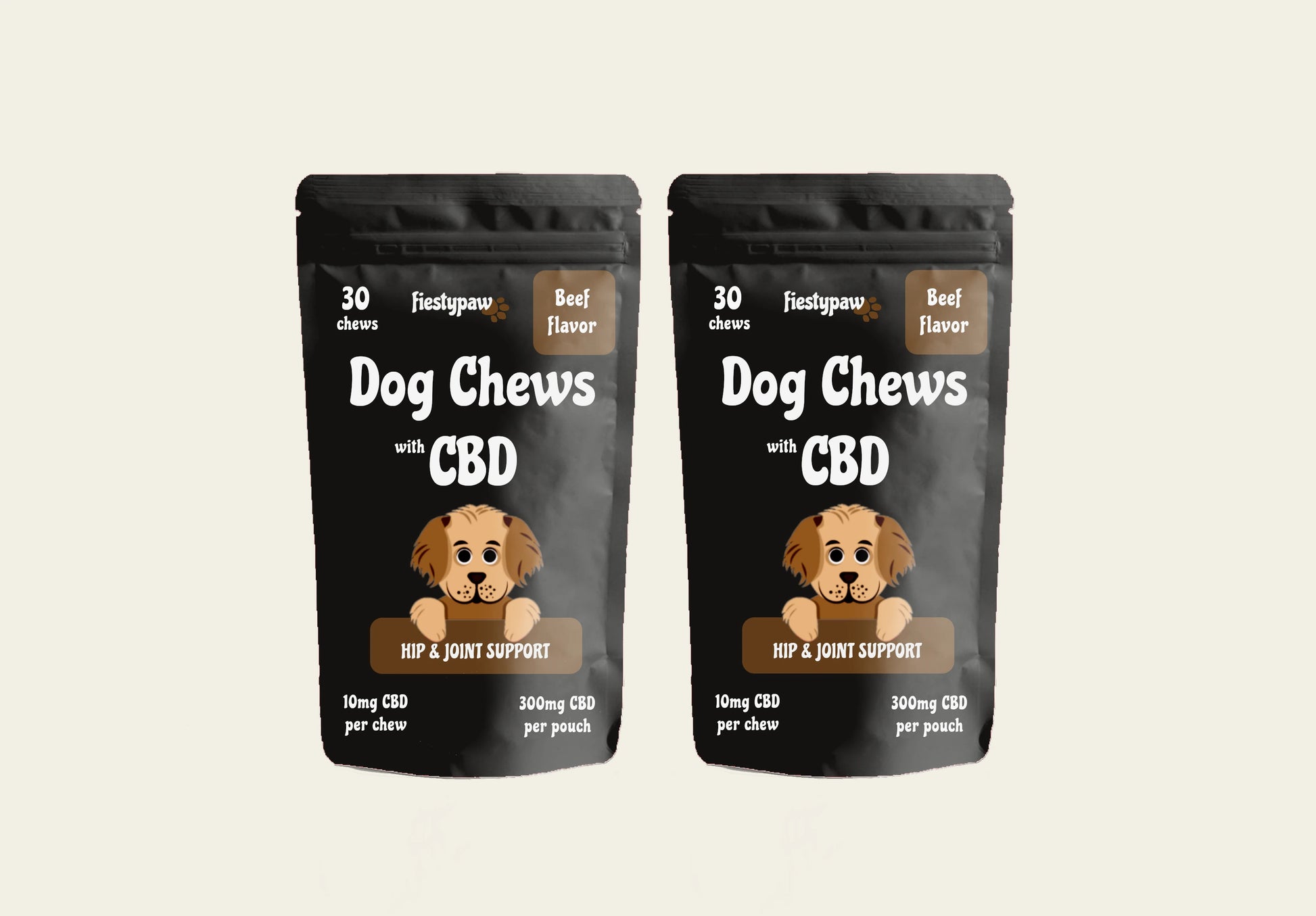 Two 30-count Fiesty Paw CBD Beef Chews pouches for dogs (60 total), showcasing CBD oil benefits for canine wellness.