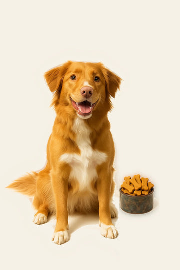 A happy golden retriever sits happily beside a bowl of bone shaped premium treats from Fiestypaw