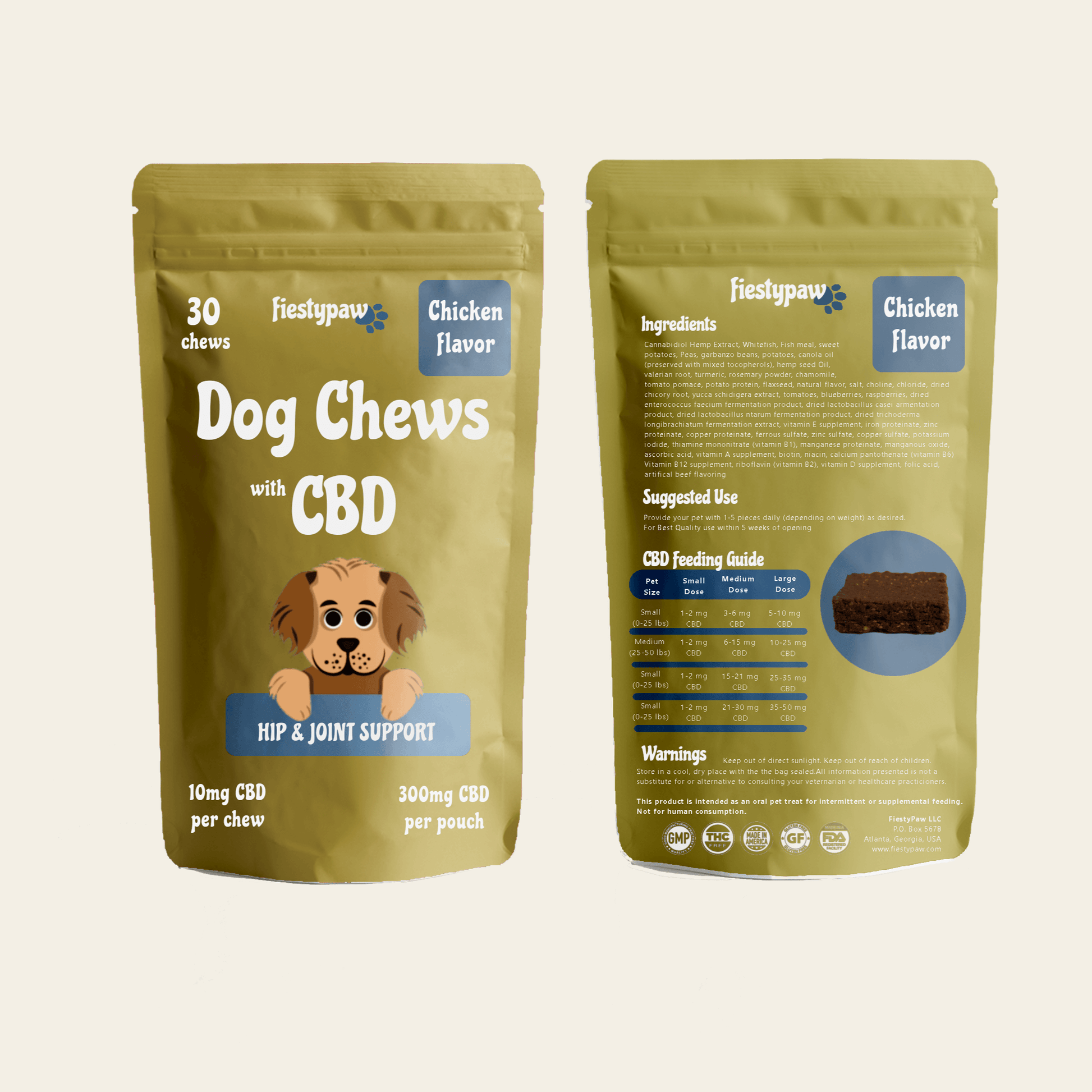 Back and Front of Fiesty Paw CBD 30-count Chicken Chews pouch for dogs, highlighting CBD oil benefits for canine wellness.