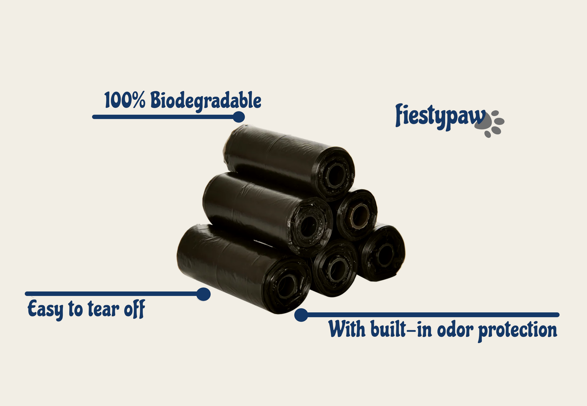 Six rolls of Leak proof dog waste bags in Black. Ultra-thick, tear-resistant and easy-to-use. Ideal for all breeds and locks in odors.