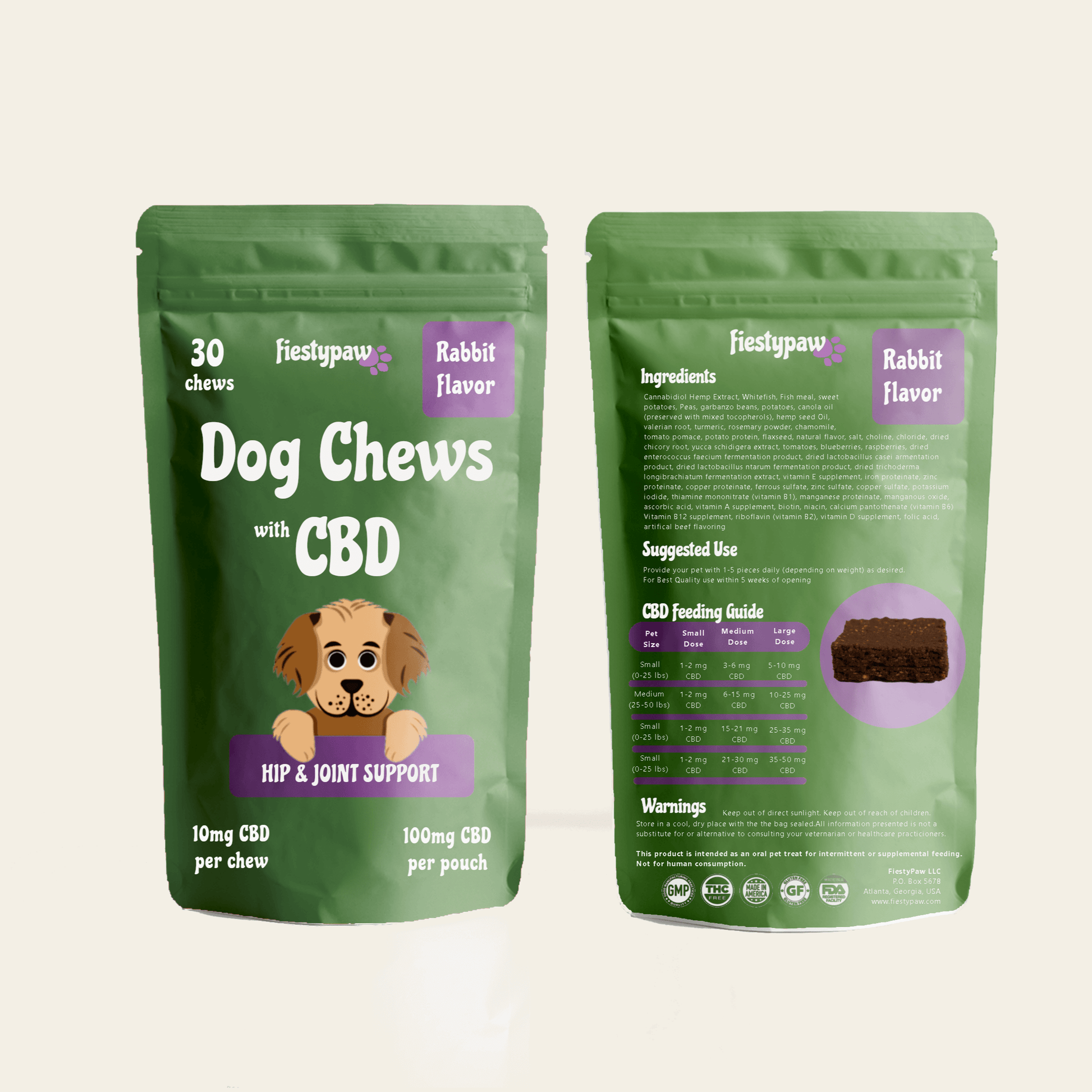 Back and Front of Fiesty Paw CBD 30-count Rabbit Chews pouch for dogs, highlighting CBD oil benefits for canine wellness.