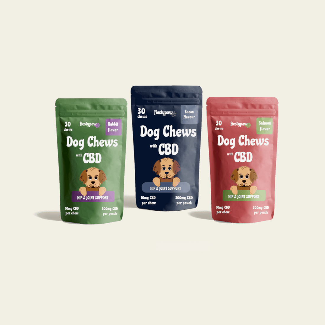 Three 30-count Fiesty Paw CBD Chews  in Rabbit, Bacon and Salmon pouches for dogs (90 total), showcasing CBD oil benefits for canine wellness.