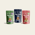Three 30-count Fiesty Paw CBD Chews  in Rabbit, Bacon and Salmon pouches for dogs (90 total), showcasing CBD oil benefits for canine wellness.